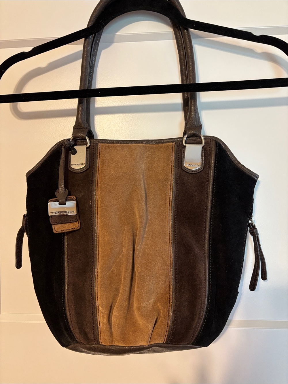 Vintage Tignanello Two-Tone Suede Shoulder Tote in Brown and Tan